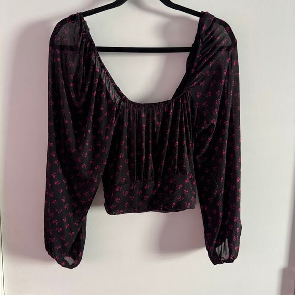 Free People Fixed Wrap Floral Cropped Top Black Mesh Ruched Long Sleeve Sz S - Picture 6 of 7